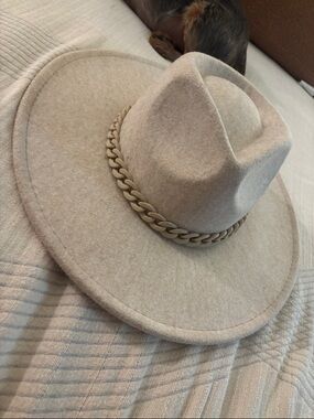 Wide-Brim Felt Fedora with Chain Trim - Beige
